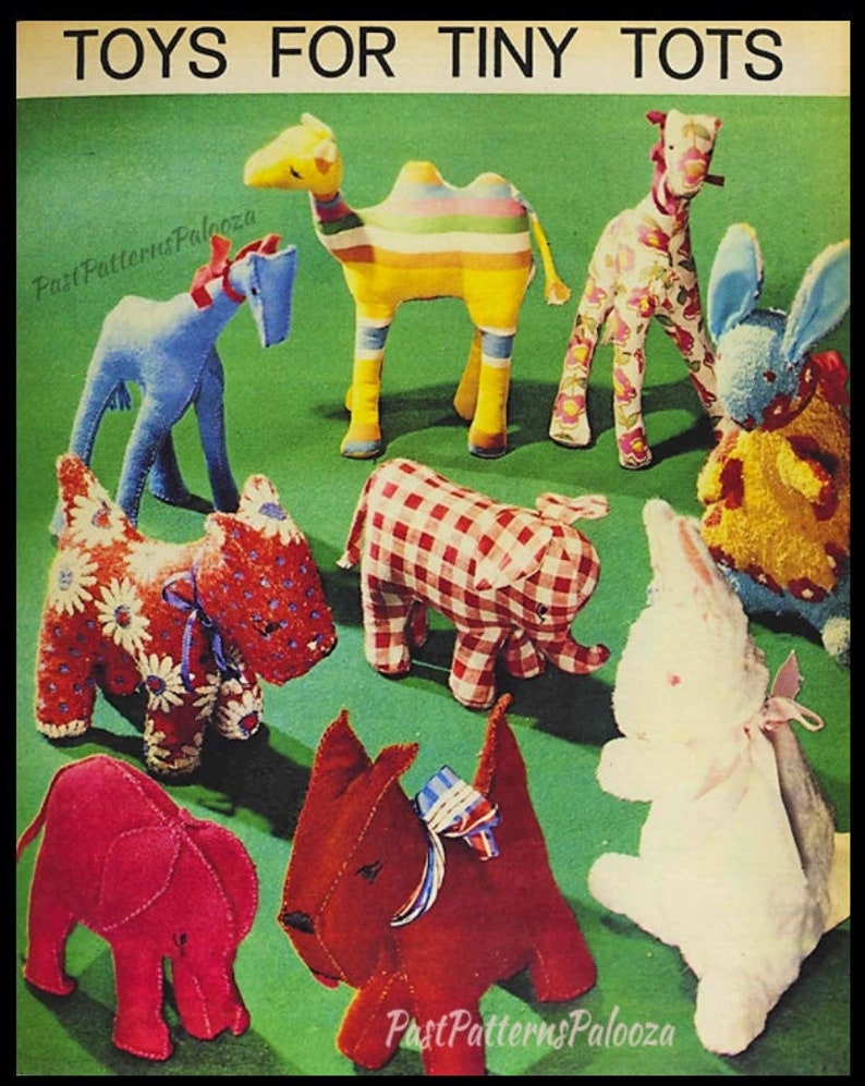 Vintage Sewing Pattern Retro Soft Fabric Toy Animals PDF Instant Digital Download 1972 Camel Giraffe Scottie Dog Bunny Elephant 6-12 image 1