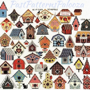 Vintage Cross Stitch Patterns Mini Bird House Motifs PDF Instant Digital Download Embroidery 45 Cute Birdhouses A1