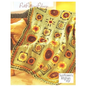 Vintage Crochet Pattern Sunflower Squares Sampler Afghan Granny Square Sun Flower 7 Motif Medley Blanket PDF Instant Digital Download 10 Ply