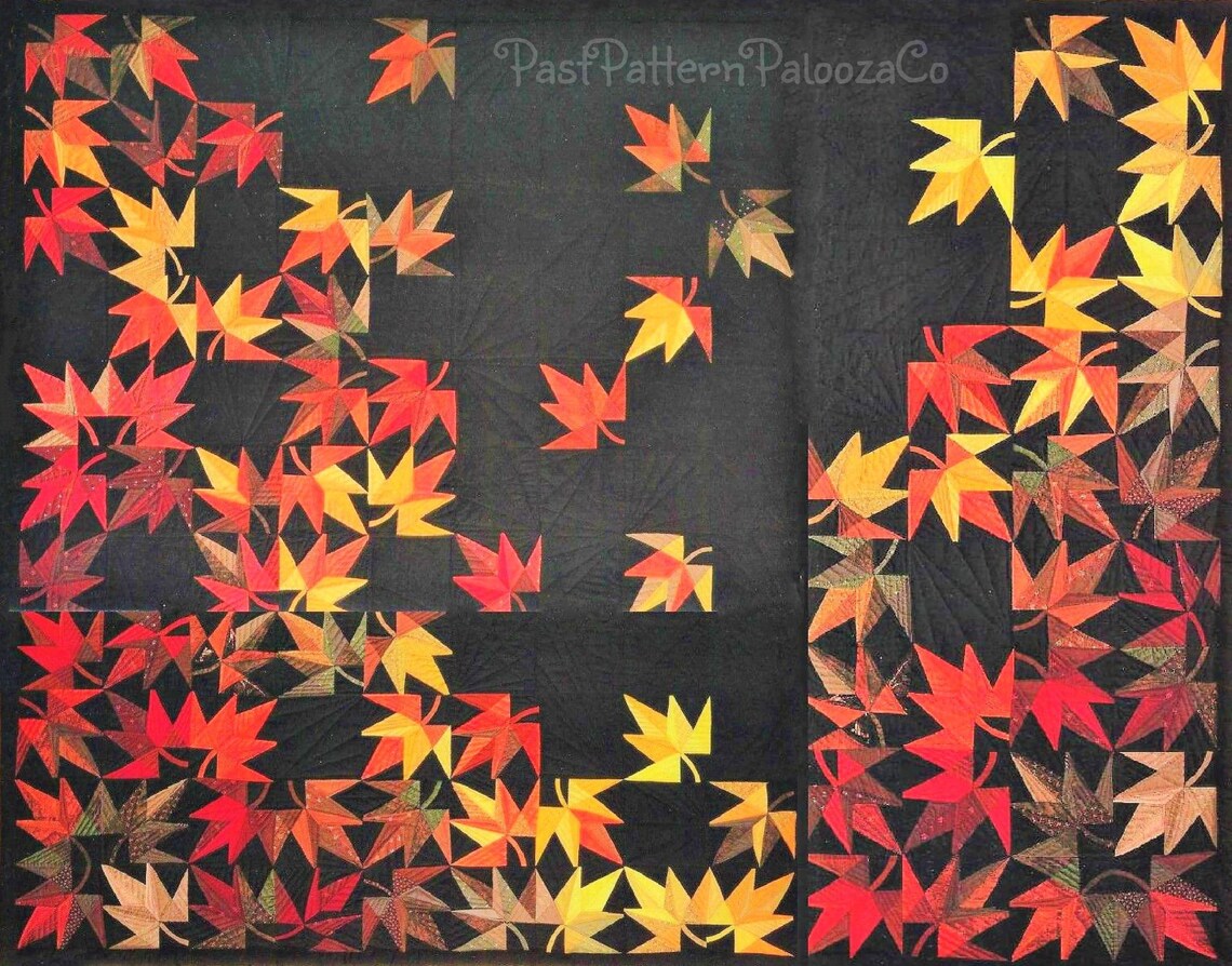 Vintage Sewing Pattern Windy Autumn Falling Leaves Patchwork Bed Quilt ...