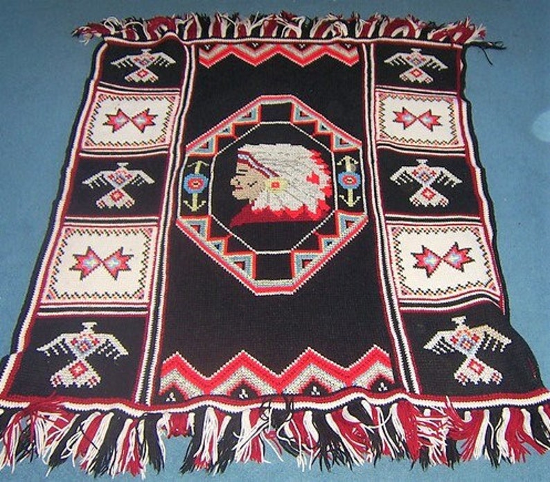 Vintage Crochet Afghan American Indian Blanket Pattern PDF Instant Digital Download Indian Chief Head Throw 4 Ply afbeelding 5