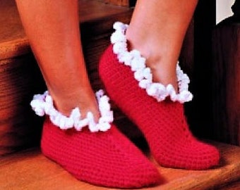 Vintage Crochet Pattern Womens Frilly Ruffle Bootie Slippers PDF Instant Digital Download Quick Easy House Socks Slippers Bulky Yarn