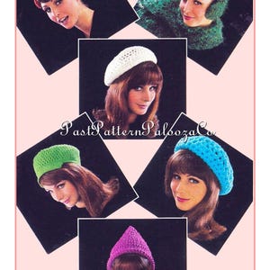 Peut inclure: Publicité vintage avec des femmes portant différents chapeaux crochetés orange, vert, blanc, bleu et violet. Les chapeaux sont présentés sur fond noir, avec le texte "Past Pattern Palooza Co." au centre.