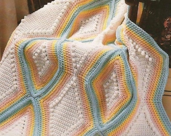 Vintage Crochet Popcorn and Pastel Diamond Strip Geometric Afghan Pattern PDF Instant Digital Download