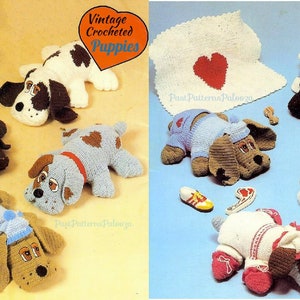 May include: Vintage crochet pattern for making a variety of adorable puppy toys. The pattern includes instructions for making five different puppies, each with unique features and outfits. The pattern is titled "Vintage Crocheted Puppies" and is printed on a white background with a red heart.