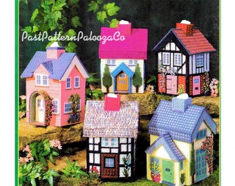 Vintage Plastic Canvas Patterns Cottage Houses Tissue Box Toppers English Tudor Village 5 Designs PDF Instant Digital Download