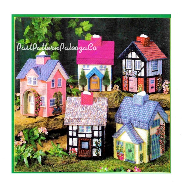 Vintage Plastic Canvas Patterns Cottage Houses Tissue Box Toppers English Tudor Village 5 Designs PDF Instant Digital Download