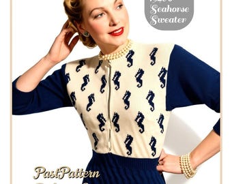 Vintage Knitting Pattern Womens Seahorse Sweater PDF Instant Digital Download  Retro 40s Sea Horse Motif Jumper Pullover