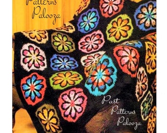 Vintage Crochet Pattern Retro Granny Square Stained Glass Flowers Afghan PDF Instant Digital Download Groovy '70s Throw Blanket DK