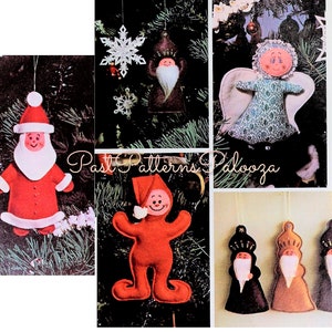 May include: A set of vintage felt Christmas ornaments featuring Santa Claus, a snowman, an angel, a wise man, and a snowflake. The ornaments are all handmade and have a charming, retro look.