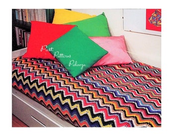 Vintage Crochet Pattern Striped Ripple Chevron Afghan Couch Cover PDF Instant Digital Download Colorful Scrapghan Blanket 4 Ply