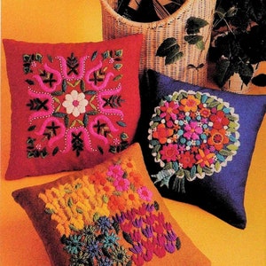 Vintage Crewel Embroidery Sewing Pattern 14" Flower Power Folk Art Pillows PDF Instant Digital Download 3 Floral Folksy Kitch Art Cushions