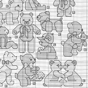 Vintage Cross Stitch Patterns Tons 'O Teddy Bears Motifs PDF Instant Digital Download Embroidery Mini Cute Toy Bear 57 Designs A1 image 3