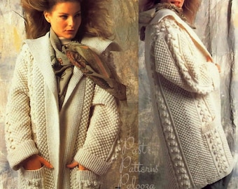 Vintage Knitting Pattern Womens Long Knit Aran Sweater Coat PDF Instant Digital Download Open Cardigan Jacket Bramble Stitch 10 Ply