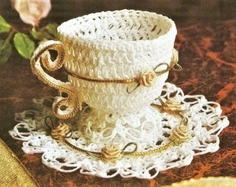 Vintage Crochet Pattern 2" Miniature Mini Teacup Saucer Set PDF Instant Digital Download Mini Fancy Dainty Demitasse Tea Cup Roses