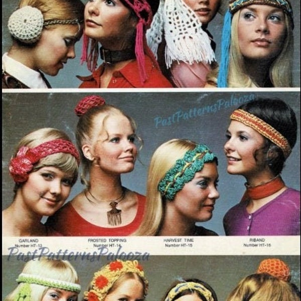 Vintage Crochet Patterns Womens Retro '70s Hairbands Headbands Bun Holders PDF Instant Digital Download Hippie Gypsy Boho Flower Power 4 Ply