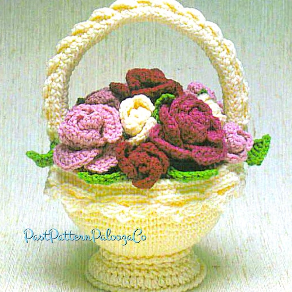 Vintage Crochet Pattern 11" Roses Flower Basket Milk Glass PDF Instant Digital Download 4 Ply