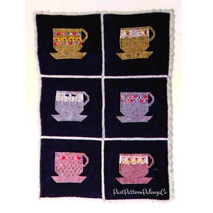 May include: A black crochet blanket with six embroidered teacups. Each teacup has a different colored trim and design. The blanket has a white crocheted border. The text "PastPatternPaloozaCo" is in the bottom right corner.