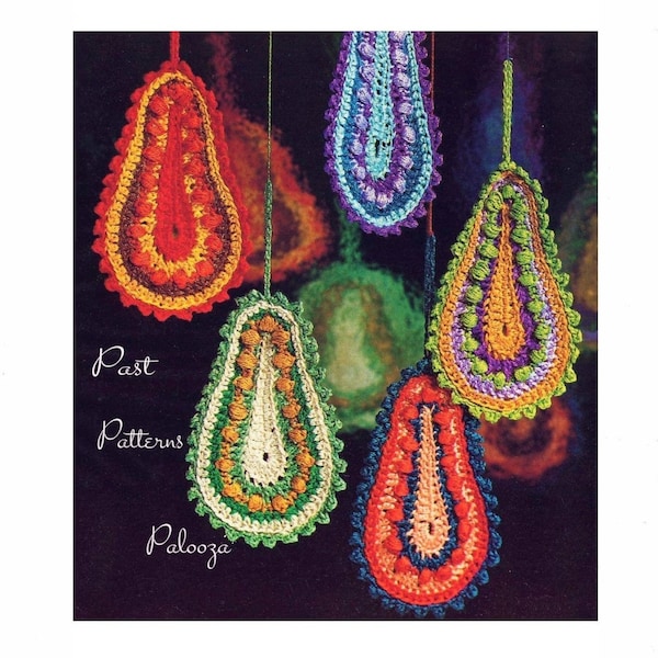 Vintage Crochet Pattern 5" Paisley Pear Drop Christmas Ornaments Jewel Tones PDF Instant Digital Download Retro Groovy Mod Tree Trim