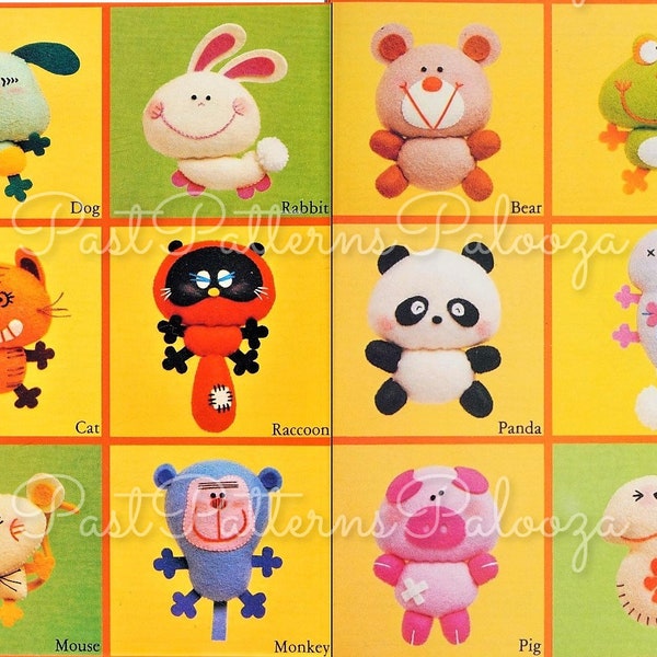 Vintage Sewing Pattern 3" Mini Cute Animals 12 Felt Soft Doll Figures PDF Instant Digital Download Puppy Panda Pig Frog Cat Bunny and More