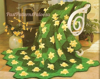 Vintage Crochet Pattern Daffodil Flower Hexagon Granny Square Afghan PDF Instant Digital Download 67" Hexagon Shaped Blanket 10 Ply