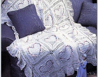 Vintage Crochet Pattern Puff Heart Squares Afghan PDF Instant Digital Download Chains & Ruffles Romantic Throw Blanket Variegated 10 Ply