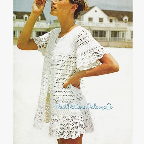 Vintage Crochet Pattern Womens Lacy Beach Dress Cover Up Tunic PDF Instant Digital Download 70s Boho Bohemian Lace Summer Swimsuit Cover Up