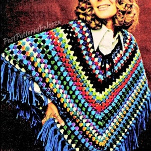 Vintage Crochet Pattern Womens Fringed Rainbow Poncho PDF Instant Digital Download 1970s Boho Gypsy Hippie Chic 10 Ply Scrap Yarn