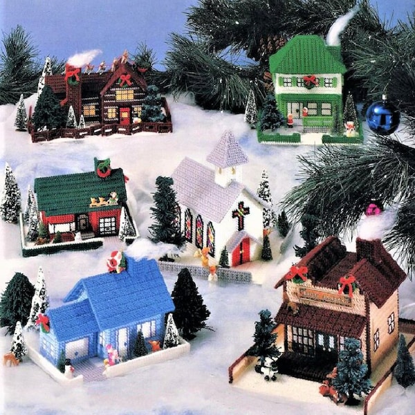 Vintage Plastic Canvas Patterns Christmas Village No. 3 PDF Instant Digital Download Holiday Houses Town Display Centerpiece 7 Mesh 10 Ply
