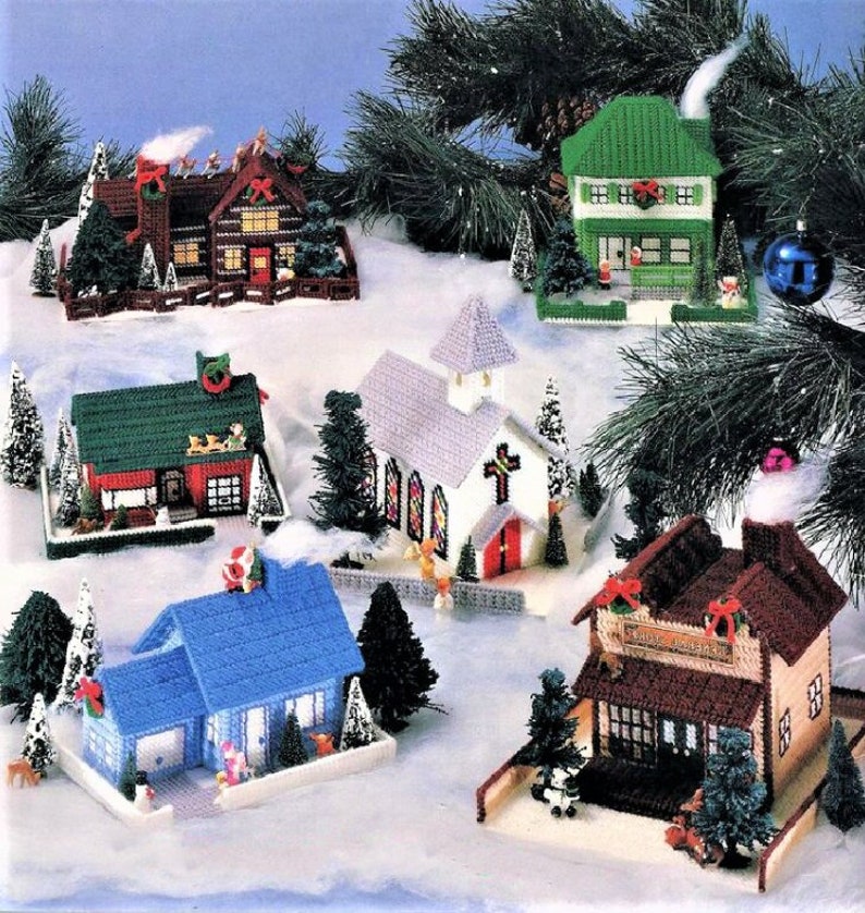 Vintage Plastic Canvas Patterns Christmas Village No. 3 PDF Instant Digital Download Holiday Houses Town Display Centerpiece 7 Mesh 10 Ply image 1