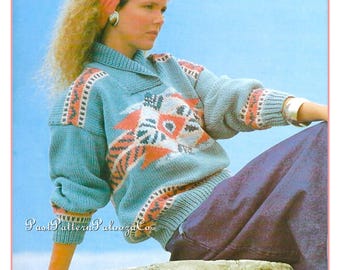 Vintage Knitting Pattern Womens Santa Fe Shawl Collar Sweater PDF Instant Digital Download Geometric South West Pullover Classic 80s