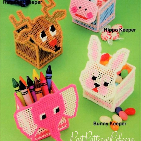 Vintage Plastic Canvas Pattern Mini Christmas Reindeer Boxes Animal Treat Holder Favor Baskets PDF Instant Digital Download 4 Designs