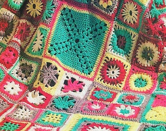 Vintage Crochet Pattern Granny Square Sampler Afghan Patchwork Garden PDF Instant Digital Download 11 Motifs Blanket 50x64 10 Ply