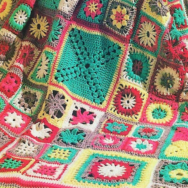 Vintage Crochet Pattern Granny Square Sampler Afghan Patchwork Garden PDF Instant Digital Download 11 Motifs Blanket 50x64 10 Ply