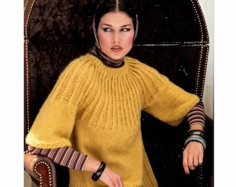 Vintage Knitting Pattern Womens Smock Sweater PDF Instant Digital Download Ribbed Yoke Pullover Jumper Mohair Blend