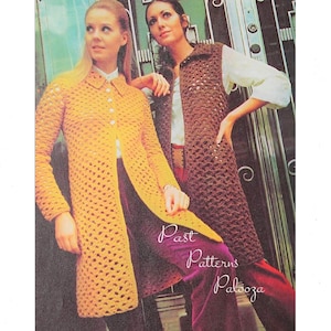 May include: Two women wearing long crocheted cardigans. The woman on the left is wearing a yellow cardigan and the woman on the right is wearing a brown cardigan. Both women are wearing purple pants. The image has the text "Past Patterns Palooza" at the bottom.