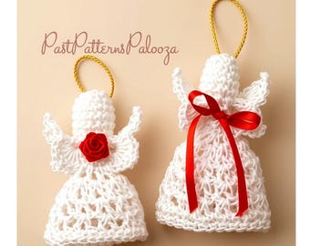 May include: Two white crocheted angel ornaments with gold hanging loops. The left angel features a small red fabric rose on its chest. The right angel is adorned with a red satin ribbon tied in a bow. The text PastPatternsPalooza is visible.