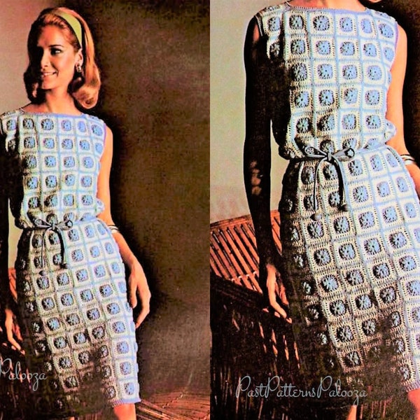 Vintage Crochet Pattern Womens Classic Granny Squares Dress PDF Instant Digital Download Sleeveless Boho Small Flower Block Motifs 4 Ply