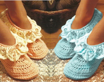 Vintage Crochet Pattern Easy Quick Womens Ruffle Slippers PDF Instant Digital Download Retro House Socks Slippers 3 Sizes 10 Ply