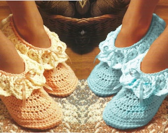 Pantoufles à volants pour femmes faciles et rapides au crochet vintage PDF Téléchargement numérique instantané Chaussettes maison rétro 3 tailles 10 épaisseurs