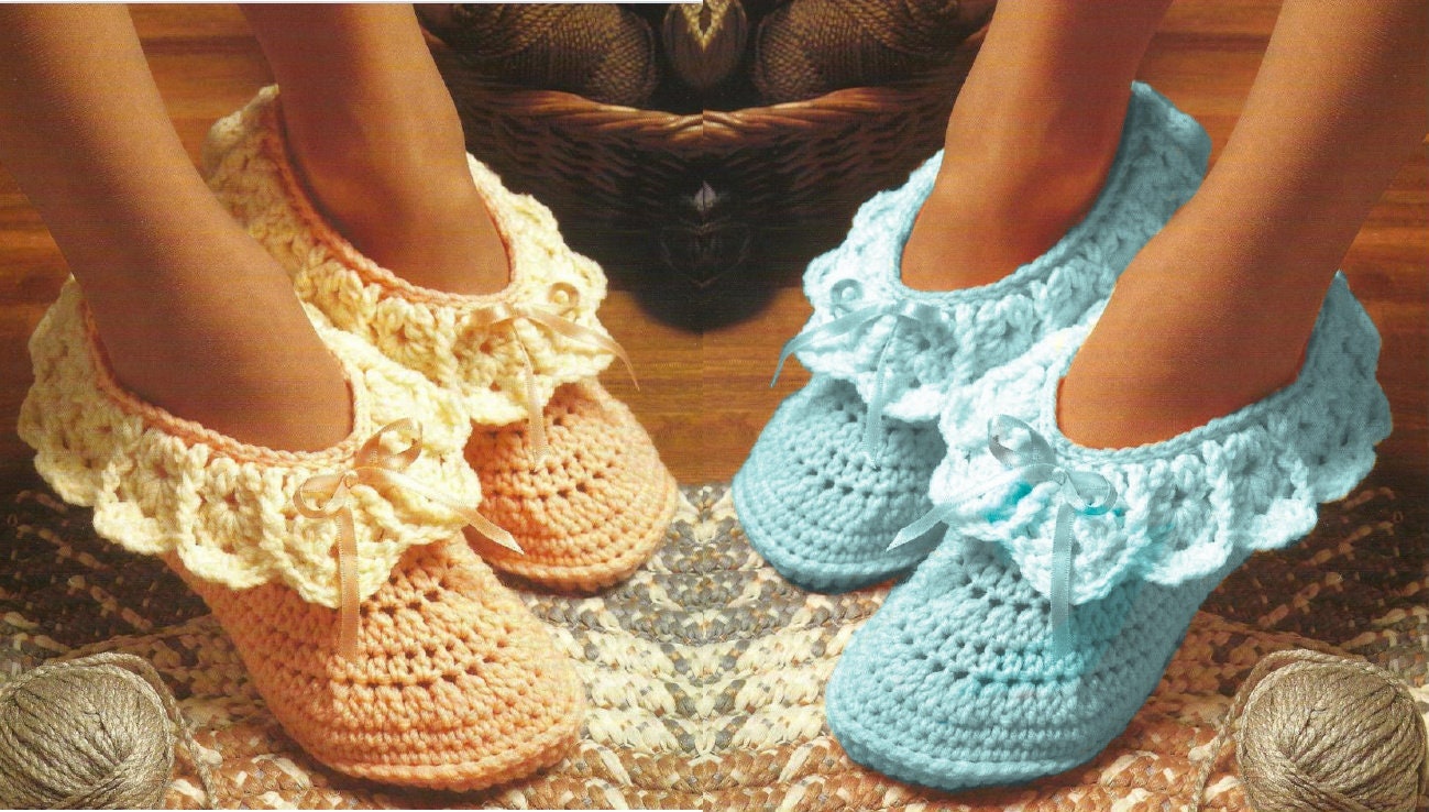 Vintage Crochet Pattern Easy Quick Womens Ruffle Slippers PDF Instant ...