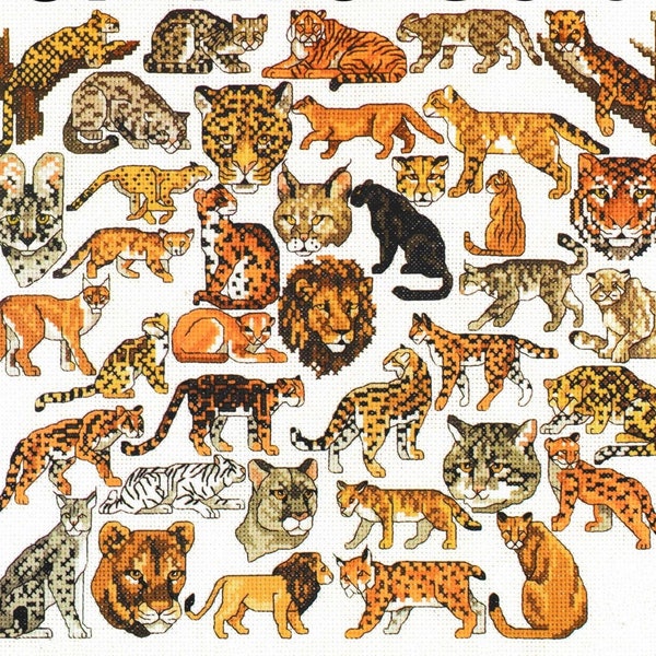 Patrones de punto de cruz vintage Mini gatos salvajes Motivos de grandes felinos PDF Descarga digital instantánea Bordado León Tigres Gatos monteses Lince 39 Diseños A1