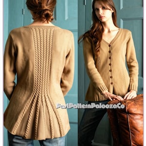 May include: A tan cardigan sweater with a V-neck and button closure. The back of the sweater features a cable knit design. The model is wearing blue jeans. The image also shows the back of the sweater with a detailed cable knit design.