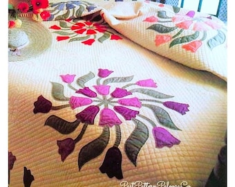 1960年代のモダンなパッチワーク、手縫いのキルティングと刺繍が施され