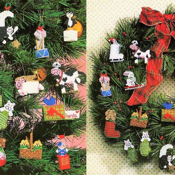 Toile en plastique vintage motif ornements de Noël animaux miniatures PDF Téléchargement numérique instantané Jolies petites bordures d'arbre 15 modèles 10 mailles
