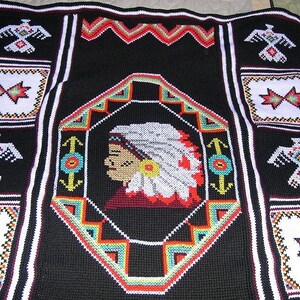Vintage Crochet Afghan American Indian Blanket Pattern PDF Instant Digital Download Indian Chief Head Throw 4 Ply afbeelding 6