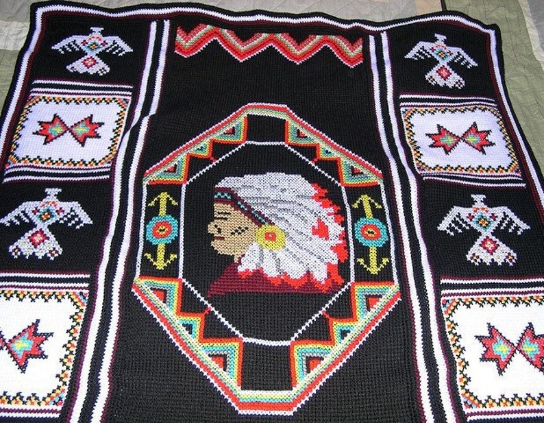 Vintage Crochet Afghan American Indian Blanket Pattern PDF Instant Digital Download Indian Chief Head Throw 4 Ply afbeelding 6