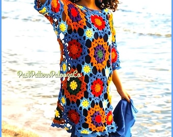 Vintage Crochet Pattern Womens Flower Motif Tunic Top PDF Instant Digital Download Boho 70s Chic Colorful Floral Cover Up