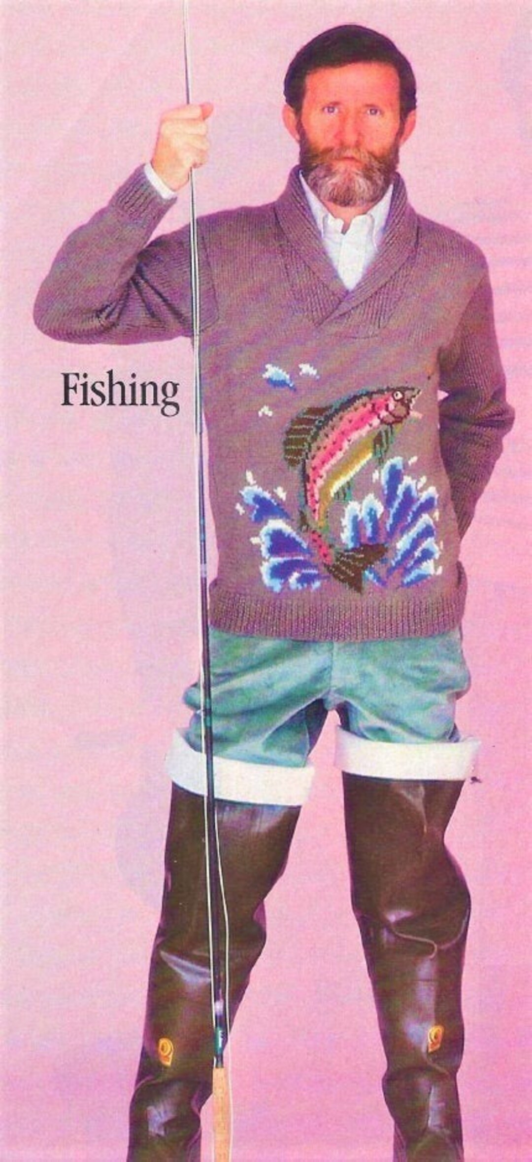 Vintage Knitting Pattern Mens Rainbow Trout Fishing Sweater
