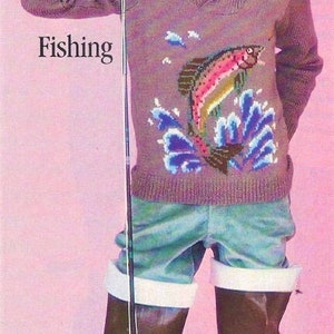 Vintage Knitting Pattern Mens Rainbow Trout Fishing Sweater Pullover Crossover Neck PDF Instant Digital Download Fishermans Delight 8 Ply